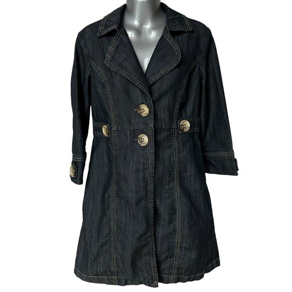 Vintage Baccini Trench Coat Dark Blue Wash Denim Jacket Women's Size Small - Picture 1 of 10